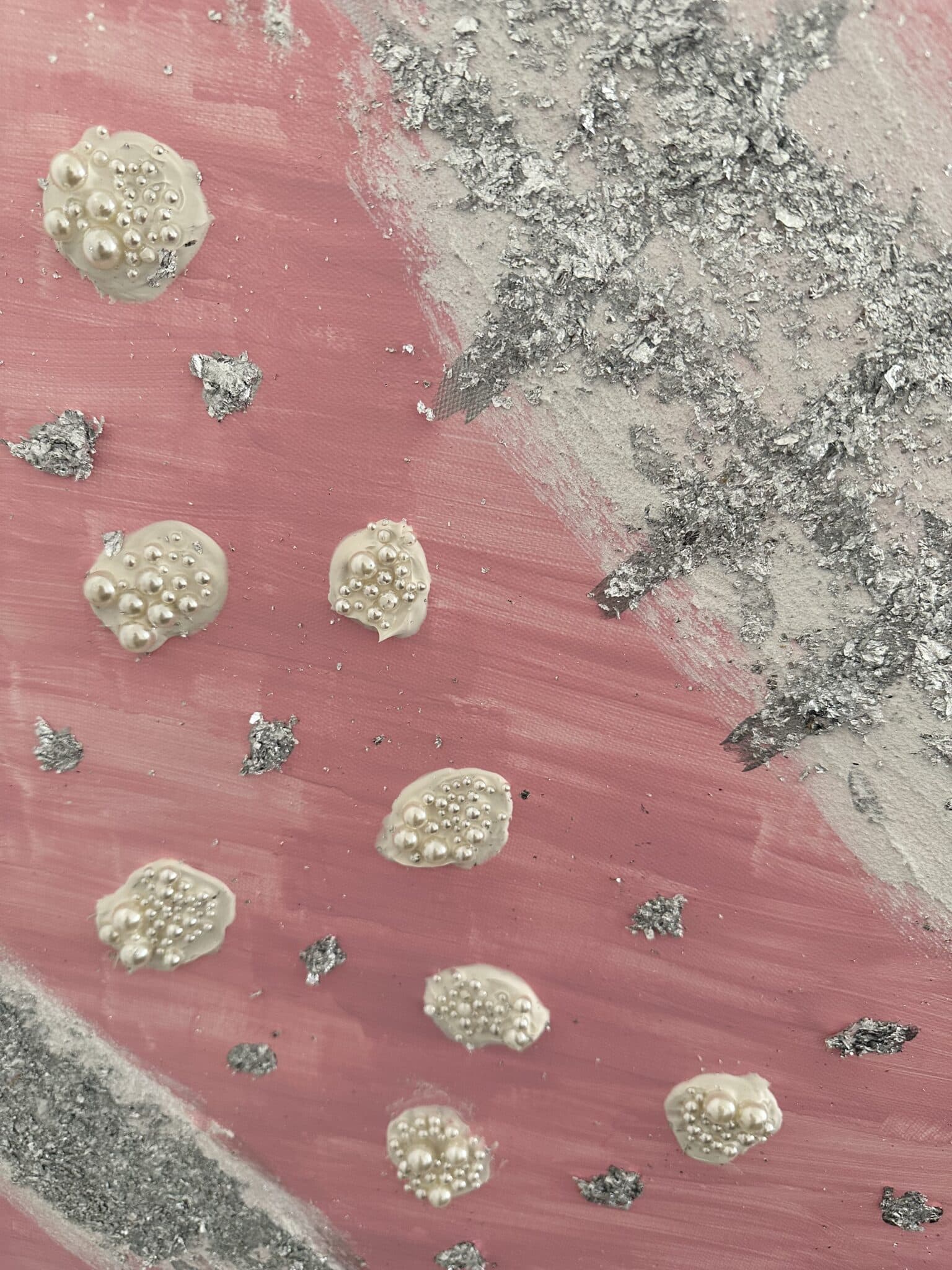 Pearls In Silver – Acrylic, canvas, pearls, and silver leaf – by Razan Al Rasheed — By Razan Al Rasheed